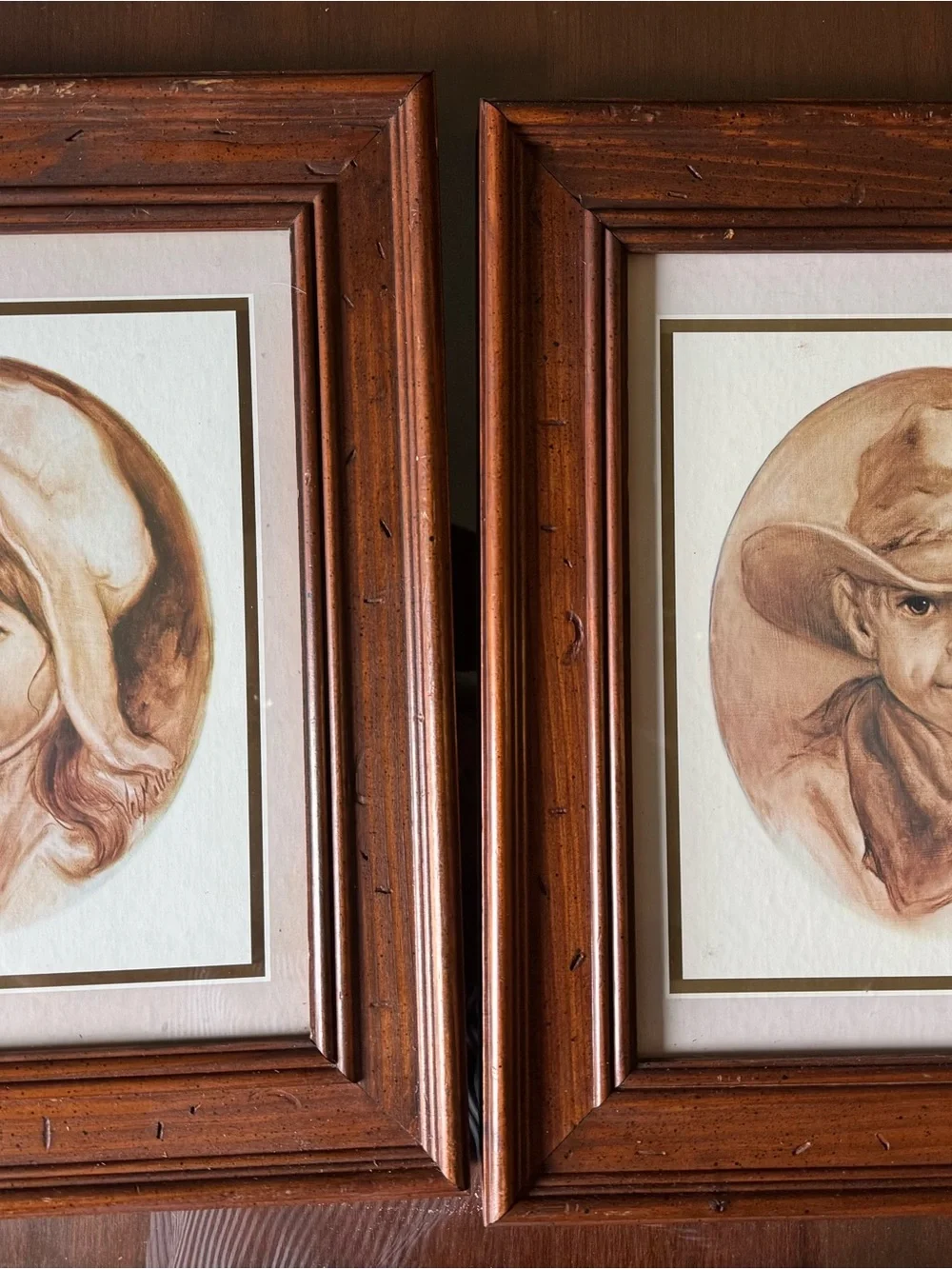 1970s Vintage Vel Miller Prints Prairie Girl Cowboy Wormy Chestnut Frames Rustic